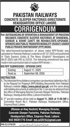 Pakistan Railways Lahore Tender Notice
